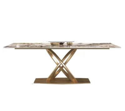 China Customized Dining Table Combination Rock Dish Dining Table Gold Plated Brushed Stainless Steel Dining Table for sale