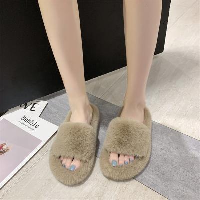 China New Design Promotional Wear Resistant Slippers Breathable With Logo Fluffy Flat Faux Rabbit Fur Upper Custom Slippers for sale