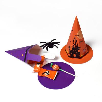 China Wholesale Recyclable Felt Orange Purple Treat Cookie Chocolate Box Hat Shape Paper Candy Gift Halloween Favor Boxes Bags for sale