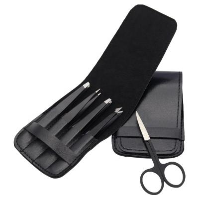 China Multifuntional Amazon Black Eyebrow Tweezers Set 5 PCS Tweezers Scissor Set Eyebrow Trimmer Set 5 PACKS for sale