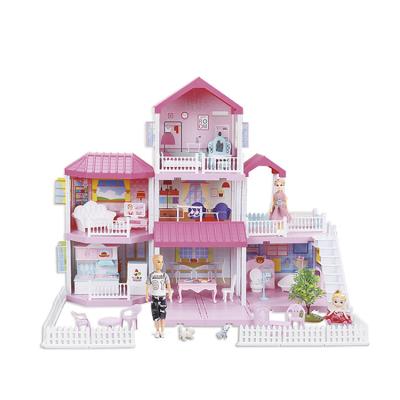 China 1*4 Inch+2*7 Inch Solid Body Doll/Light/2*AA Model Not Included Toy Pretend Play Doll House 245 Batteries PCS Casa De Munecas Pink Doll House For Girls for sale