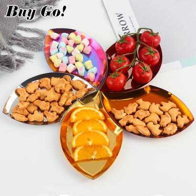 China Creative Design Viable Colorful Flower Leaf Metal Candy Fruit Dessert Dish Dish Stainless Steel Food Serving Tray For Party Wedding for sale