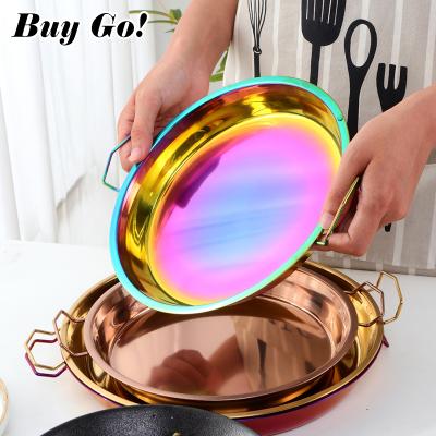 China Bakeware Stainless Steel Round Cake Standable Double Handled Double Handled Pizza Dish Pan Food Rice Dinner Serving Tray for sale