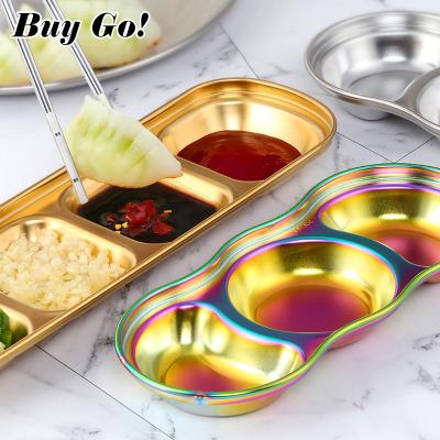 China Disposable Disposable Barbecue Dipping Plate Three Grills Soy Sauce Vinegar Divided Stainless Steel Condiment Bowl for sale