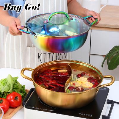 China Sustainable Sustainable Restaurant Induction Cooking Pot Divider Shabu Hotpot Stainless Steel Cooking Pot With 2 Compartments for sale