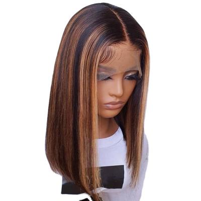 China #4/27 Color #4/27 Brazilian Straight Human Hair Wig Full Lace 14inch Piano Lead Lace Transparent Hair Bob Wig For Black Women for sale