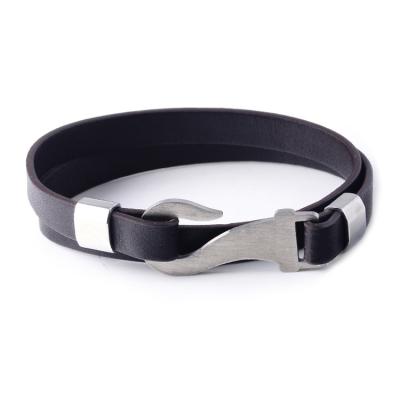 China CLASSIC Mens Bracelet Stainless Steel 316L Silver Clasp With Real Wide Cowhide Leather for sale