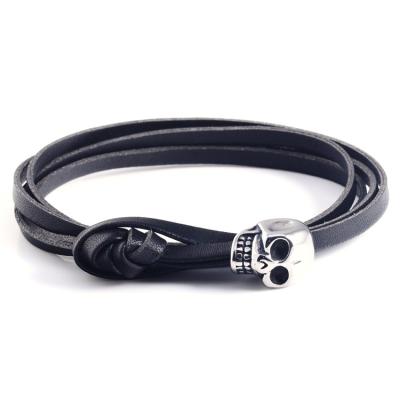 China CLASSIC Real Black Cow Stainless Steel Gold Lobster Clasp Leather Skull Leather Bracelet for sale