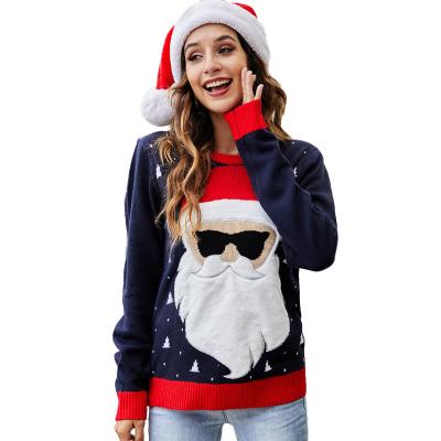 China Cute Santa Claus Christmas Printed Tops Women Knitted Round Neck Pullover Loose Sweater for sale