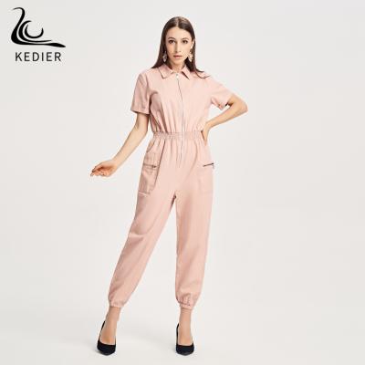 China Lady Casual Suit Turn-down Collar Elastic Waistband Short Sleeve Long Pants Zipper Pockets Women Jumpsuits for sale