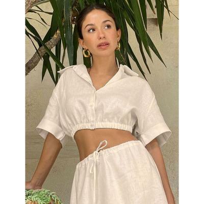 China White Color Ladies Casual Tops Low Waist Summer Sexy Short Sleeve Turn-Down Collar Clothing for sale