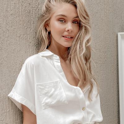 Κίνα Women Loose Short Sleeve Turn Down Collar Casual White Lady Blouse Shirts Sexy Women Tops προς πώληση