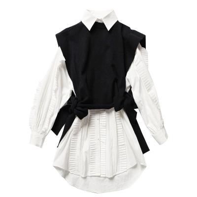 중국 Winter Lady Lace White Two Piece Shirt And Vest Set Pleated Mid-length Shirt Top Shirts For Women Blouses 판매용