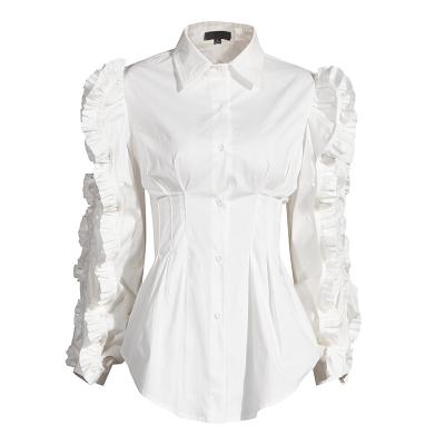 중국 Loose Pleated Long Sleeve Ladies Shirts Ruffled Lapel Waist Elegant White Blouse 판매용