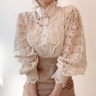 China Spring Casual Long Sleeve Ladies Shirts Embroidery Lace Stand Collar Button Up Blouse zu verkaufen