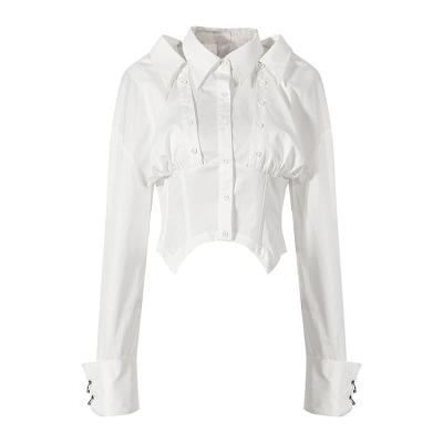 China Fashion Trend Summer Button Irregular Hollow Out Fishbone Blouse Shirt Black White Ladies Women's Blouses & Shirts for sale