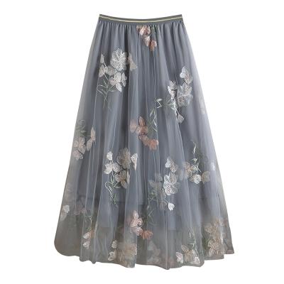 중국 New style high waist thin elastic waist big hem double-layer mesh embroidery mid-length skirt autumn and winter women's skirt W6 판매용