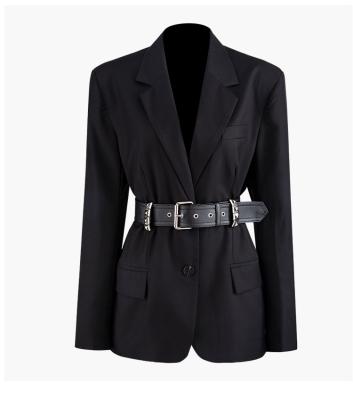 중국 Long Sleeves Ladies Blazer Jacket Button Embellished 100% Polyester Anti-Shrink Coat With Belt 판매용