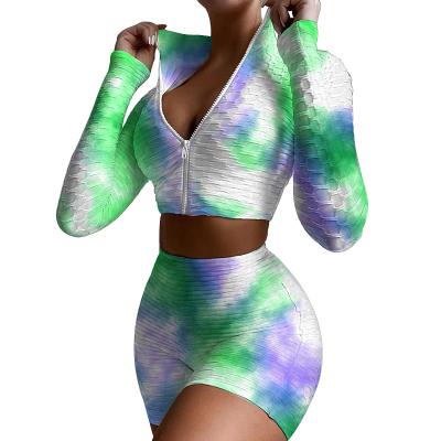 중국 2021 New Tie Dye Casual Fashion Long Sleeved Top and Shorts Sports Fitness Two Piece Set 판매용