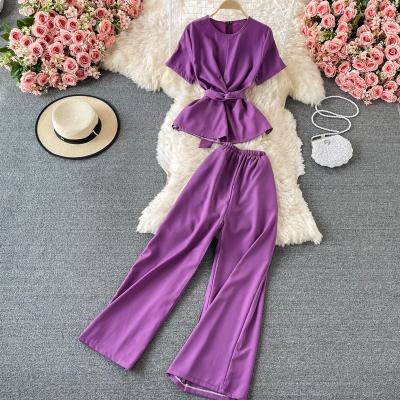 China Ins Pure Color Street Wear Set With Spandex/Cotton Wide Leg Pants Women Two Pieces en venta