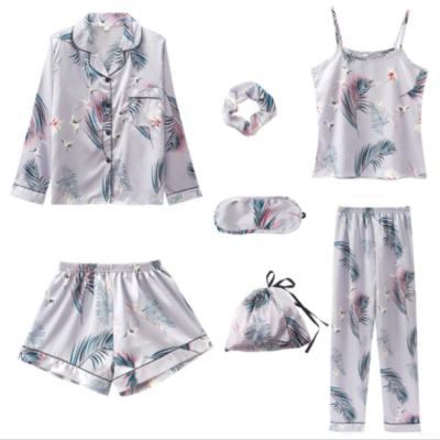 China 5-piece nightgown women's lace satin short silk V-neck spring nightdress pajamas set pajamas set women for sale