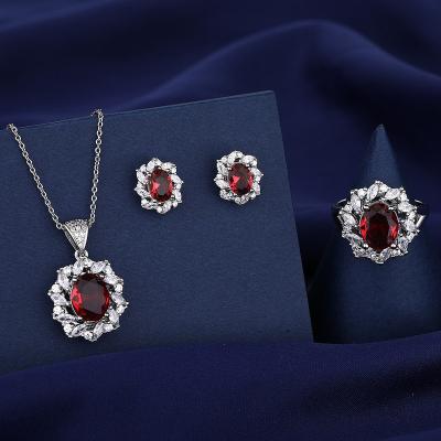 China FASHIONABLE Exquisite Red Rings Jewelry Sets Crystal Stone Pendant Necklaces Earrings For Women Wedding Party Jewelry Accessories for sale