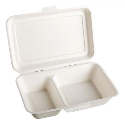 China 100%Biodegradable Sugar Cane Bagasse 2 Compartments Disposable Food Packaging Container Quickly Preserving Freshness With Lid for sale