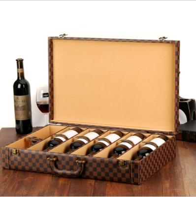 China Low MOQ Handmade Customized Logo Luxury Large Capacity Plaid Pattern 6 PCS Bamboo Wine Set Box for sale