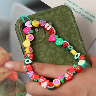 China Aba 2021 Bohemian Beaded Phone Charms Clip Acrylic Polymer Clay Beads Smile Face Star Colorful Rainbow Phone Lanyard Accessory for sale