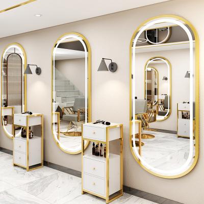 China Lighted Barber Shop Station Styling Mirror Barber Shop Salon Furniture Mirror Salon With LED Light for sale