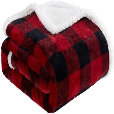 China Warm High Quality Xmas Bed Couch Soft Plush Fleece Fuzzy Microfiber Flannel Sherpa Plaid Blanket for sale