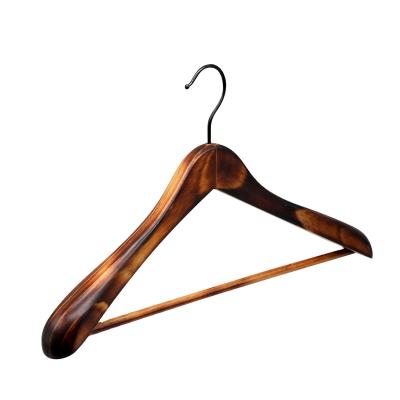 China Traditional Solid Wood Hangers For Suit Skirt Dress Garment Clothes Wooden Wardrobe Hanger With Iron Clips for sale