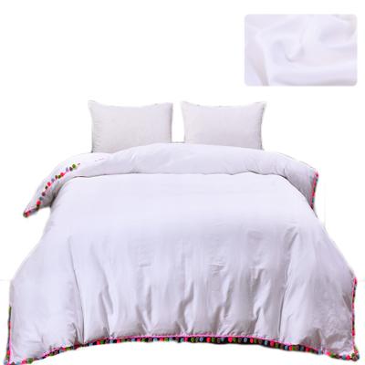 China Nondisposable Colorful White 100%Cotton Pompom Trim Quilt Blanket Set Comforter Cover Set for sale