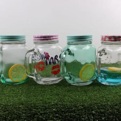 China Decal Viable Design Glass Mason Jar With Canister Spray Lids Colored Cup Handle Clear Water Cup With Straw for sale