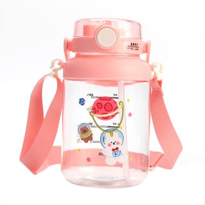 China Large Capacity Outdoor Sports Viable Water Bottle With Straw Strap Creative Portable Plastic Kids Water Cup for sale