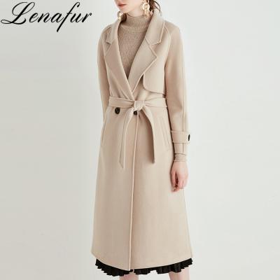 China Women Full Face Lamb Sheep Cashmere Wool Wool Fur Coat Soft Beige Winter Anti-Shrink Long Double Coat With Belt for sale