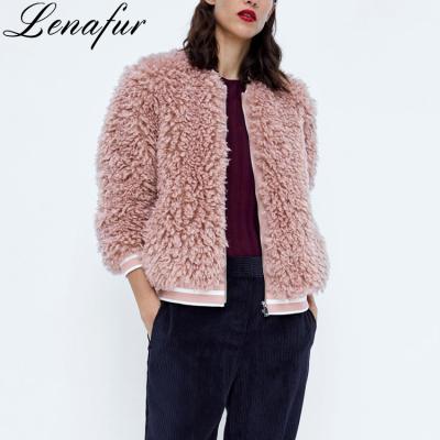 China Light Pink Short Artificial Sheep Fur Jacket Anti-Shrink Sheep Faux Fur Coats Women Synthetic Fur Coat for sale