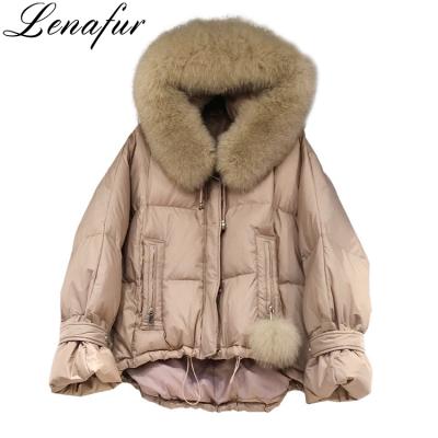 China Korean White Puffy Fox Fur Down Hooded Jackets Lady Short Thicker Warmer Duck Down Padded Jacket Women Winter Style Viable Real Coat for sale