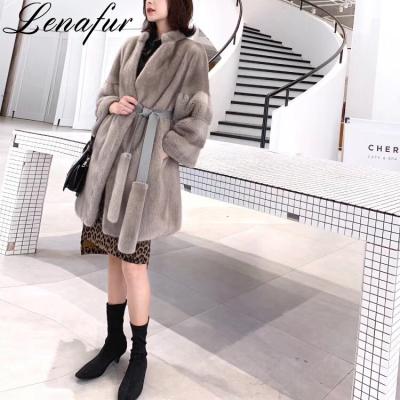 China China Factory Women's Winter Anti-Shrink Gray Natural Long Luxury High Quality Imported Full Real Mink Fur Jacket Coat With Belt for sale