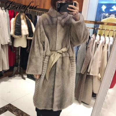 China Women Long Natural Color Anti-Shrink Winter Luxury Full Skin Warmer Real Mink Fur Jacket Coat With Belt for sale