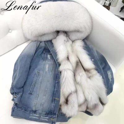 China 2018 newest winter women's anti-shrink short jeans style real Fox fur jacket high fashion fluffy Fox fur hooded parka for sale