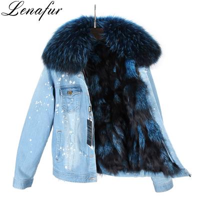 China Real Fox Fur Parka Women Winter Cowboy Denim Jeans Style Fur Jacket Raccoon Short Warm Anti-Shrink Fur Collar for sale