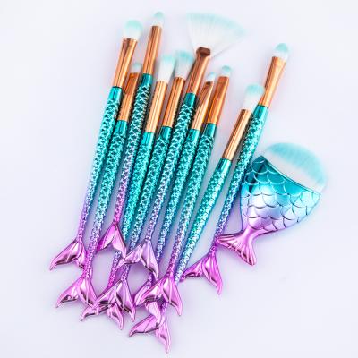 China Fan Brush New Mermaid Shaped Makeup Brush 11pcs Big Fish Tail Base Powder Eyeshadow Cosmetic Brushes for sale