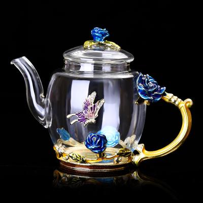 China la tetera de cristal floral 380ml con oro sale borde del sistema floral de la tetera del vintage en venta