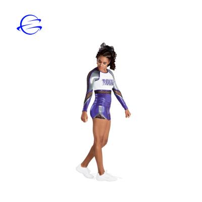 China High Quality Custom Sexy Soft Mesh Youth Gril Long Sleeve Sublimation Uniforms Rhinestones Cheerleading Dress for sale