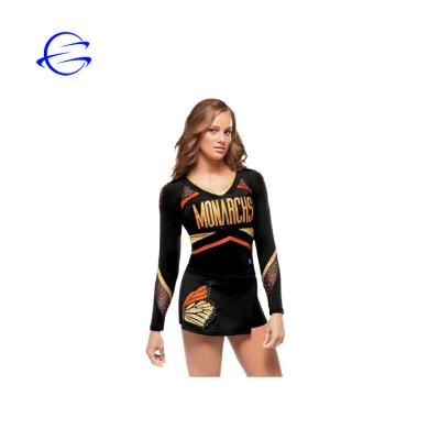 China New Design Soft Rhinestone Sublimation Long Sleeve Cheerleading Uniforms, Cheer Skirts, Cheer Tops for sale