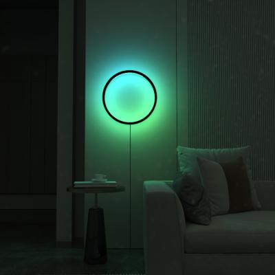 China Modern Minimal Modern Round Black Wall Light Led Bedside RGB Aluminum Warm Multi Color Bedroom Decorative Hollow Circle Wall Lamp for sale