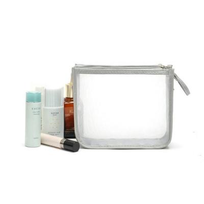 China Recyclable Custom Portable Small White Mesh Zipper Cosmetic Bag With Leather Trim / Ladies Makeup Handbag for sale