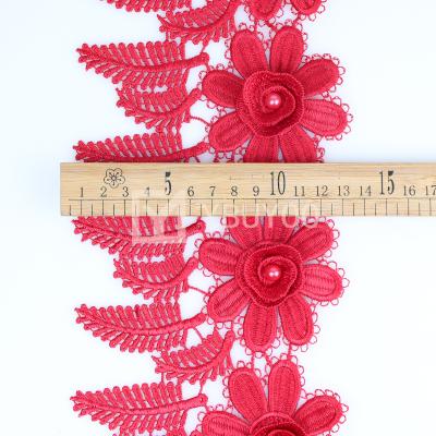 China factory 3D machine low MOQ embroideried red flower lace trim 3d lace border lace for women dress for sale