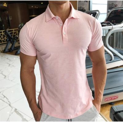 China Anti-Wrinkle Summer Mens Fitness Polo Short Gym Running Training Elastic Polyester Muscle Sports Shirt for sale